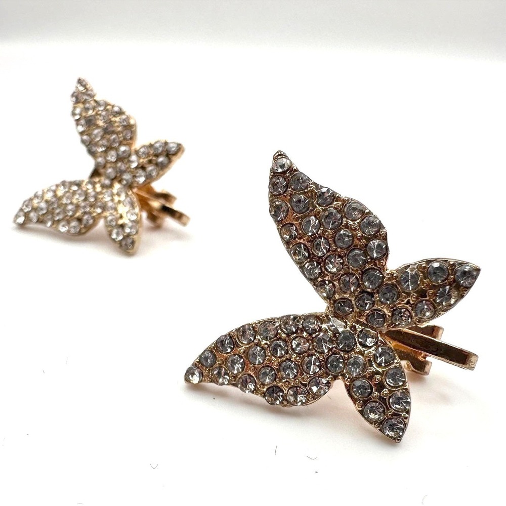 Vintage 90s Gold Tone Pave Clear Rhinestone Butterfly Clip-on Earrings Jewelry